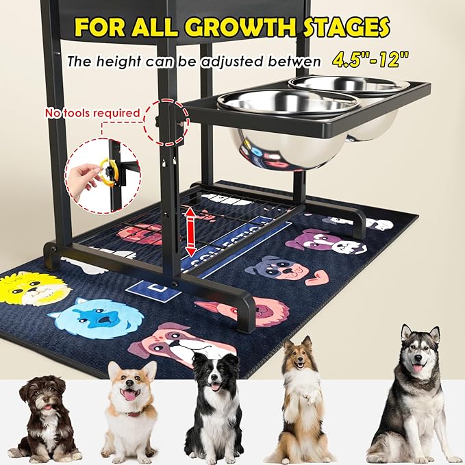 Elevated Dog Bowls, Height Adjustable Raised Dog Bowl Stand (4.5'' to 12''), Organizer Bowl Holder for Large Medium Dogs-PawvioPets
