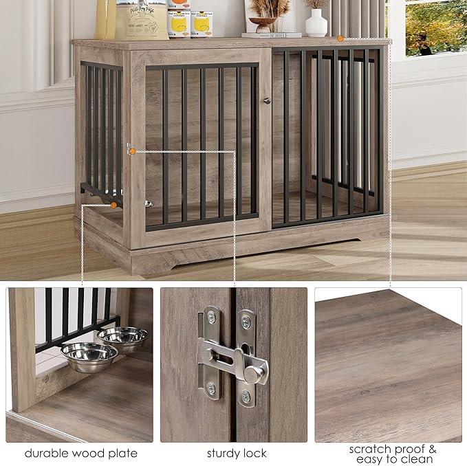 Dog Crate Furniture 47” Large Dog Kennel for Dogs Indoor, Heavy Duty Dog Cage with Sliding Door and 2 SUS Bowls Wooden End Table in Living Room for Small Medium Large Dogs, Rustic-PawvioPets