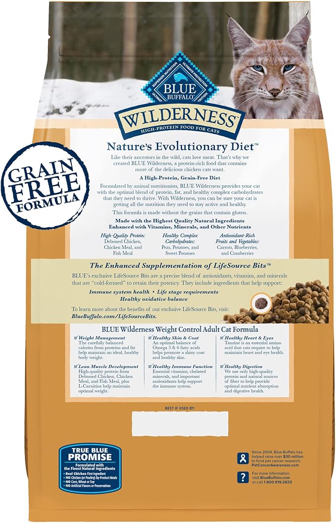 Blue Buffalo Wilderness High-Protein, Grain-Free Natural Dry Food for Adult Cats, Weight Control, Chicken, 11-lb Bag-PawvioPets