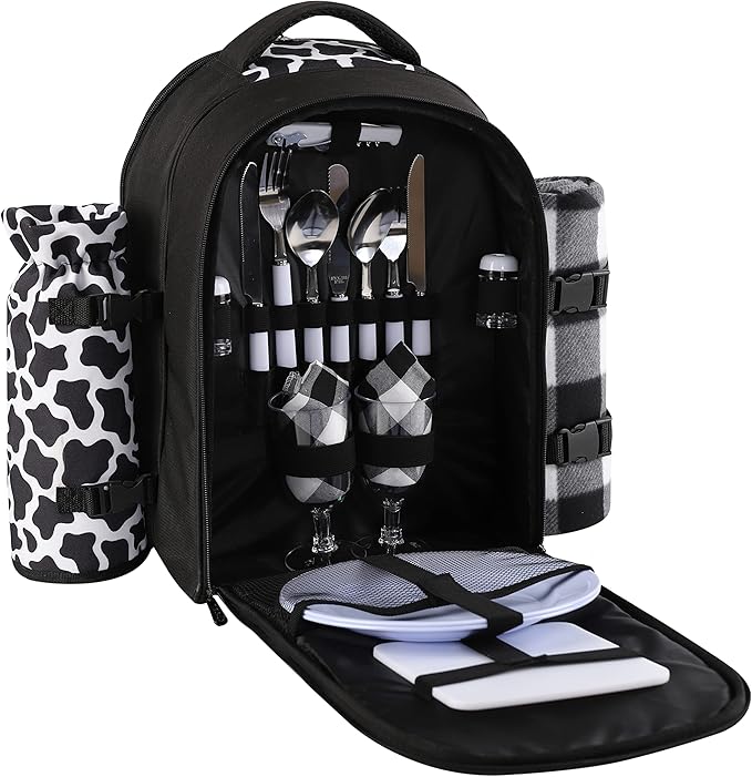 apollo walker Picnic Backpack Bag for 2 Person with Cooler Compartment, Detachable Bottle/Wine Holder, Fleece Blanket, Plates and Cutlery Set (2 Person, Black)-PawvioPets