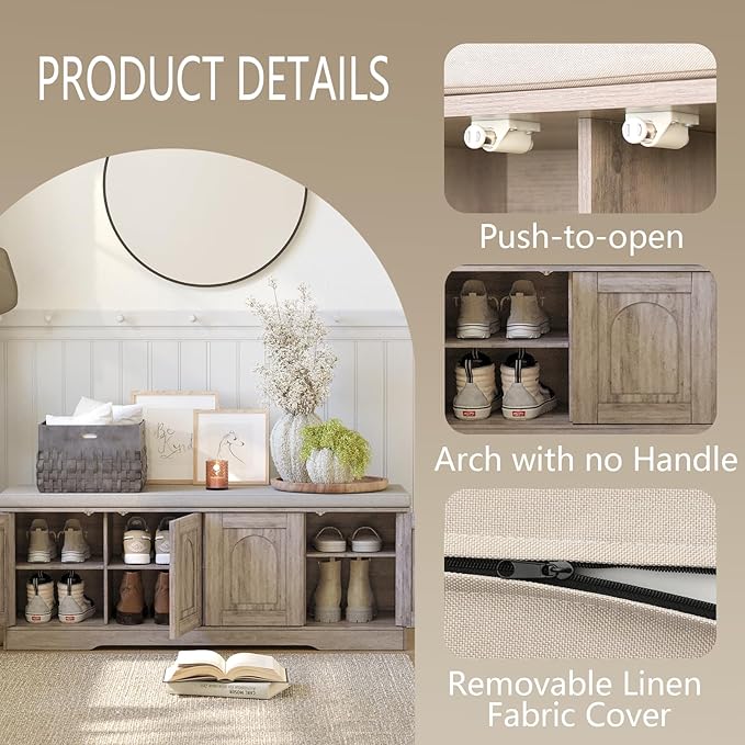 DINZI LVJ Shoe Bench, Entryway Storage Bench with Doors, Cushion, 2-Tier Shoe Rack with 8-Cubby, 47.2”L x 13.8”W Shoe Organizer Cabinet, Adjustable Shelf, Living Room, Bedroom, Greige-PawvioPets