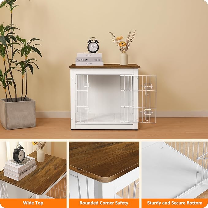 DWANTON Dog Crate Furniture with Cushion, Wooden Kennel Table with Double Doors, Indoor Dog House, Small/Medium/Large Size, 27.2" L, White+Warm Brown-PawvioPets