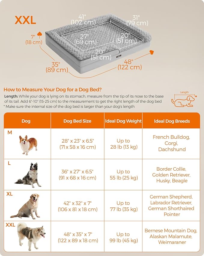 Feandrea Orthopaedic Dog Bed for Large Dogs, Waterproof Dog Sofa Bed with Removable Washable Cover, 48 x 35 x 7 Inches, Dove Gray UPGW254G01-PawvioPets