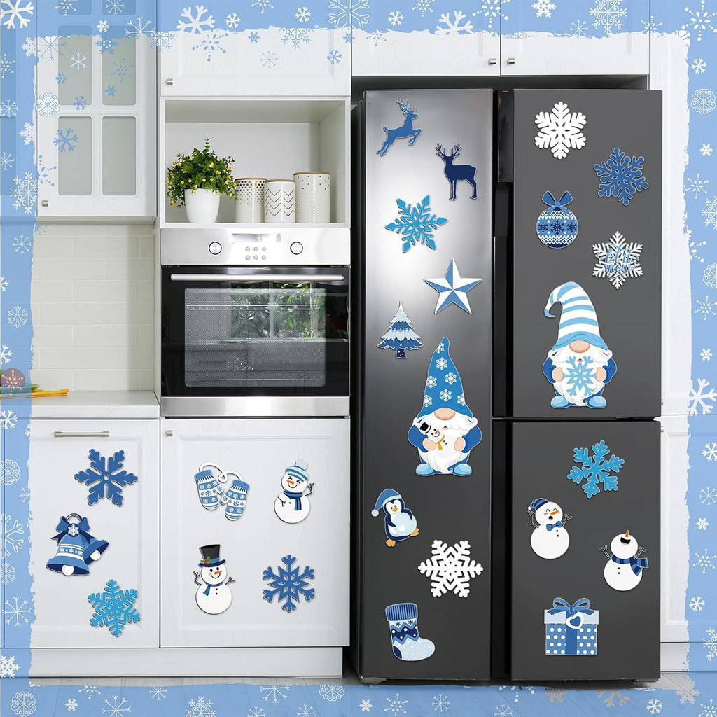 Xuhal 25 Pcs Christmas Magnets Decoration Winter Blue Gnome Snowman Snowflake Refrigerator Magnets Decorative Fridge Magnetic Stickers for Christmas Mailbox Car Metal Garage Door Decoration