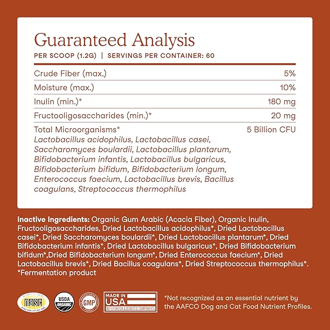 Fera Pets Probiotics for Dogs & Cats with Prebiotics - USDA Organic - Gut Health Powder Supplement with 12 Strains and 5 Billion CFUs - Supports Immunity, Energy and Skin & Coat - 60 Scoops-PawvioPets