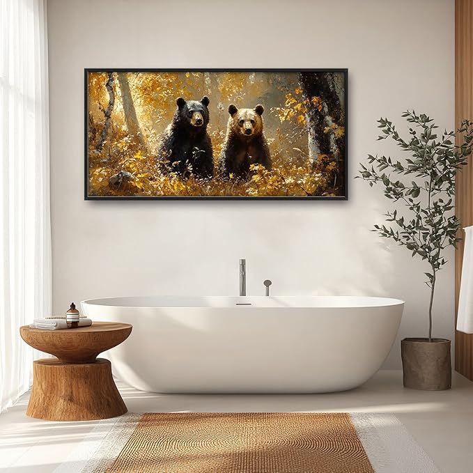 Large Forest Bear Wall Art for Living Room, Black Bear Autumn Canvas Oversized Wall Decor, Wildlife Framed Pictures Painting Print Artwork for Bedroom Office 60L" x 30W"-PawvioPets