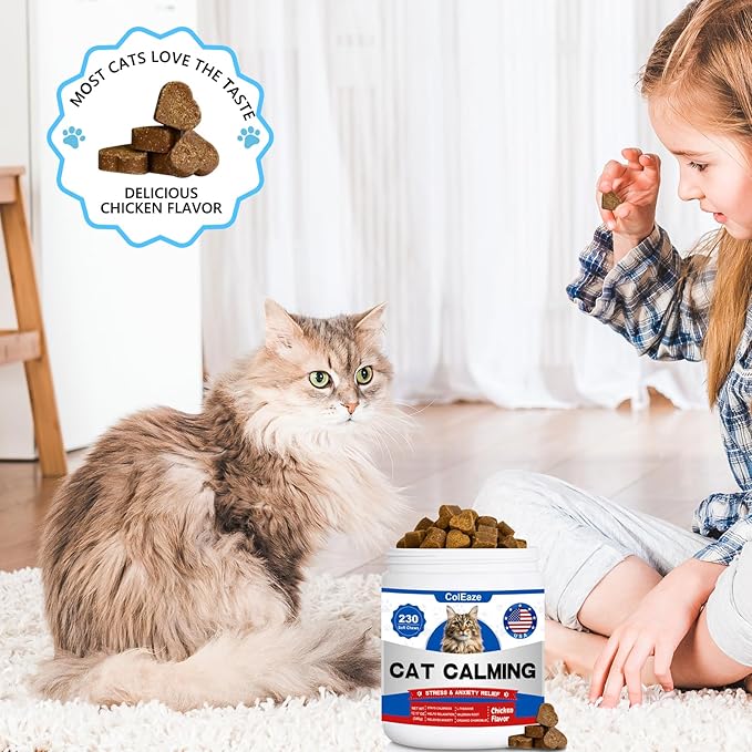 Calming Chews for Cats, Cat Calming Treats - Cat Anxiety Relief, Helps Reduce Stress & Promotes Relaxation for Travel, Boarding, Vet Visits, Separation Anxiety - Chicken (230 Soft Chews)-PawvioPets