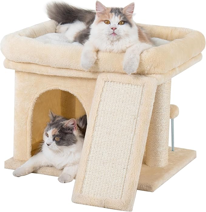 14in Cat Tree Tower with Large Perch, 20 * 16.5 Inch Top Bed for Adult Cats, Scratching Post with Bed for Kittens, Beige-PawvioPets