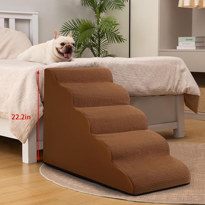 5-Step Dog Stairs and Ramp for High Bed,Non-Slip Sturdy Pet Steps for Small Dogs and Cats,22.2" H,Brown-PawvioPets