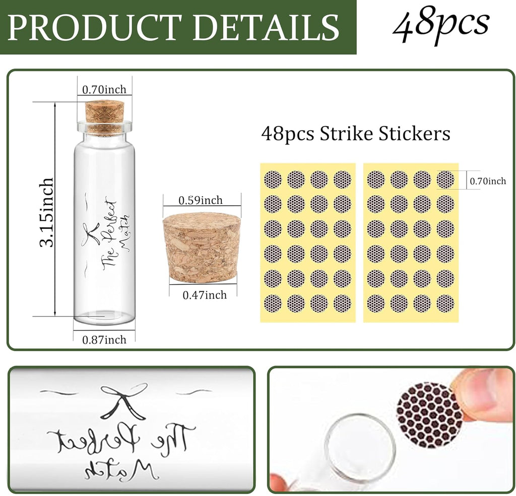 48 Matches Holders Empty Jars with 48 Striker Stickers, Empty Matches in A Jar with Striker DIY Wedding Favors, Candle Holder Containers & Bulk Storage| The Perfect Match Box (0.87x3.15 Inch) (48)