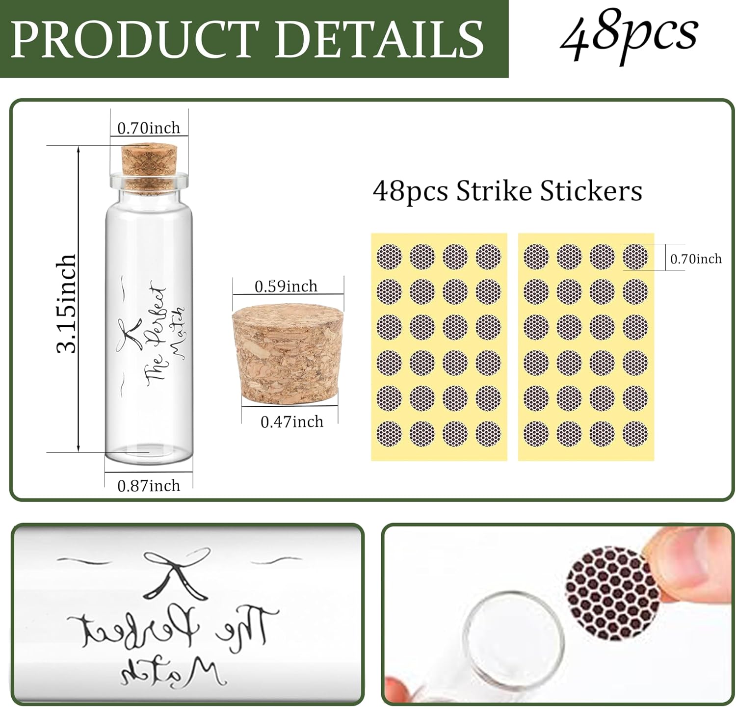 48 Matches Holders Empty Jars with 48 Striker Stickers, Empty Matches in A Jar with Striker DIY Wedding Favors, Candle Holder Containers & Bulk Storage| The Perfect Match Box (0.87x3.15 Inch) (48)