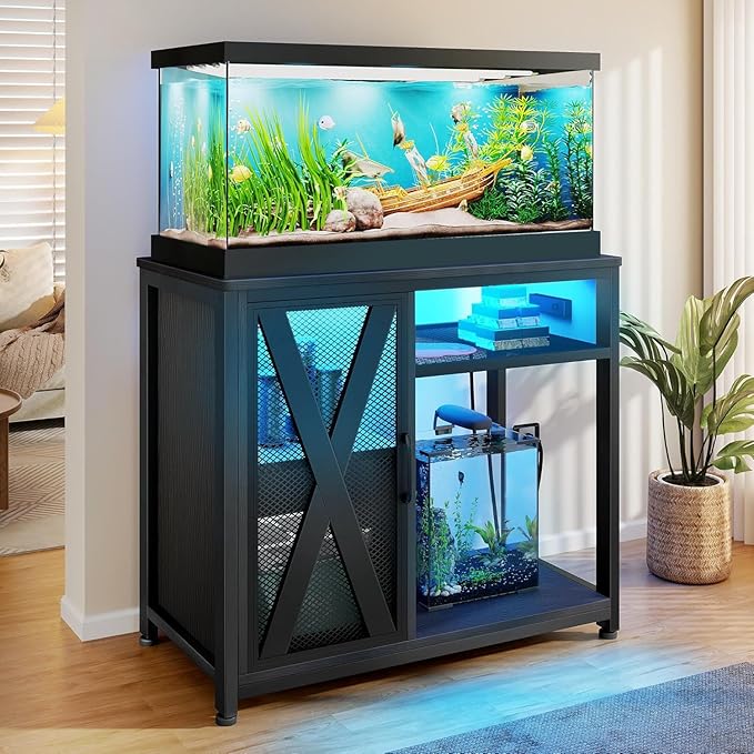 DWVO 40-50 Gallon Aquarium Stand with Power Outlets & LED Light, Cabinet for Fish Tank Accessories Storage - Metal Fish Tank Stand Suitable for Turtle Tank, Reptile Terrarium, 660LBS Capacity, Black-PawvioPets