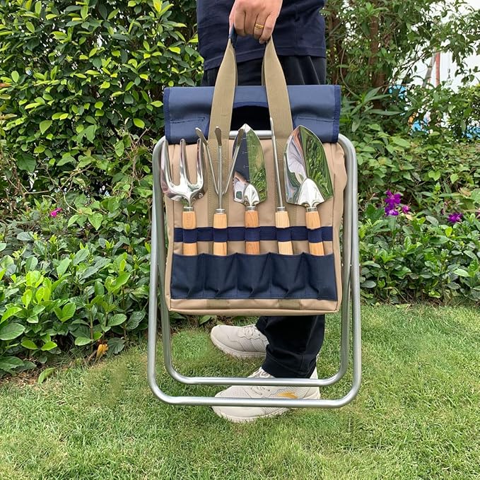 Garden Folding Gardener Stool with Gardening Tools Insulation Garden Bags Plus 5 Garden Tools and Gardening Kneeler Ideal Gift for Mother's Day/Father's Day (Navy Blue)-PawvioPets