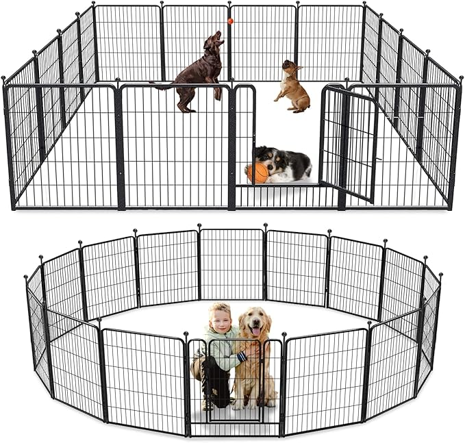 Dog Playpen 32 inch 16 Panels Indoor Outdoor Dog Pen for Medium/Small Dogs Heavy Duty Metal Dog Fence Outdoor for Yard, Puppy Playpen with Door Portable Pet Fence for RV Camping Yard-PawvioPets