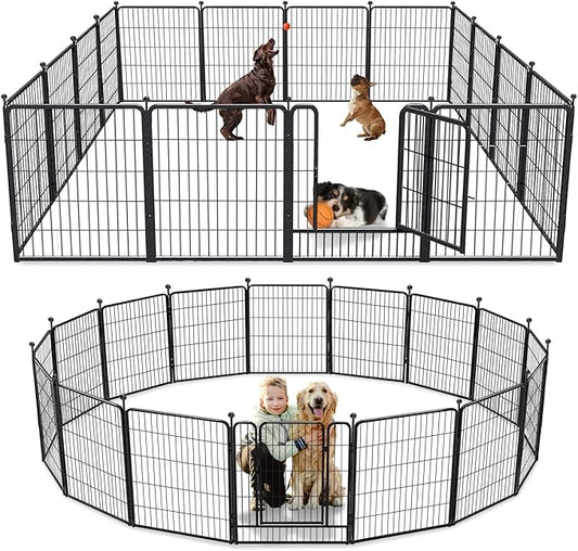 Dog Playpen 32 inch 16 Panels Indoor Outdoor Dog Pen for Medium/Small Dogs Heavy Duty Metal Dog Fence Outdoor for Yard, Puppy Playpen with Door Portable Pet Fence for RV Camping Yard-PawvioPets