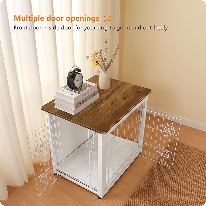 DWANTON Dog Crate Furniture with Cushion, Wooden Kennel Table with Double Doors, Indoor Dog House, Small/Medium/Large Size, 27.2" L, White+Warm Brown-PawvioPets