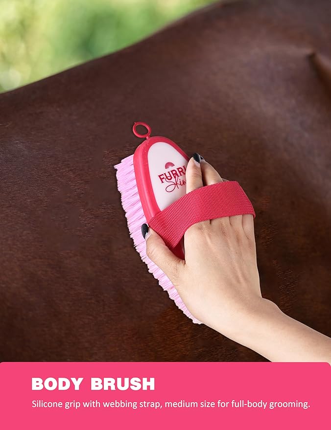 9PCS Horse Grooming Kit Curry Comb Sweat Scraper Horse Bathing Supplies Grooming Tools with Storage Bag Pink Garnet-PawvioPets