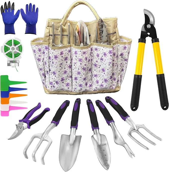 41-Piece Premium Gardening Tool Set, Stainless Steel Heavy Duty Gardening Tool Kit, with Non-Slip Rubber Grip, Storage Tote Bag, Outdoor Hand Tools, Ideal Gardening Gifts for All (Purple Floral)-PawvioPets