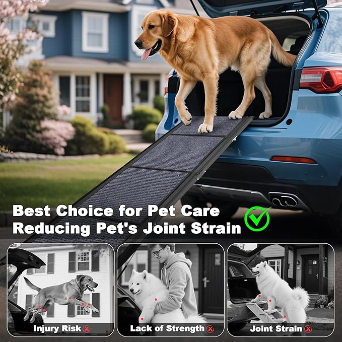 AQUILLA Dog Ramp for Car, 63" Folding Portable Dog Ramp with Non-Slip Rug Surface, Extra Wide Pet Ramps for Cat & Dogs Get on Bed, Cars, Stairs,Pick Up Trucks, Up to 250LBS (63" L x 17.3" W)-PawvioPets