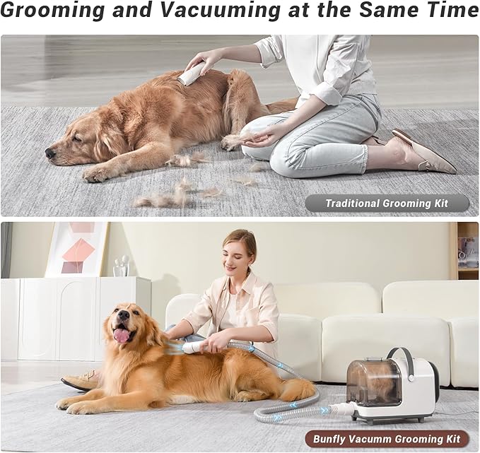 Bunfly Dog Grooming Kit,13000Pa Strong Grooming & Vacuum Suction 99.99% Pet Hair, 16 Pet Grooming Tools for Dogs Cats, 3L Large Capacity Dust Cup, Quiet Pet Vacuum Groomer (Silver & White)-PawvioPets