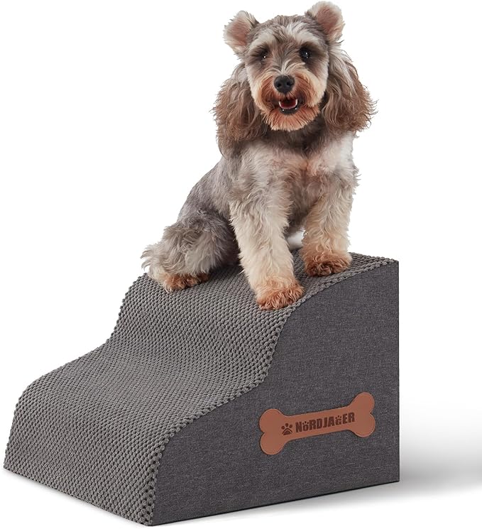 Dog Stairs for Small Dogs and Cats, 2 Steps Pet Stairs to Get on Couch Sofa and Chair, Indoor Non-Slip Balanced Portable Pet Step, High-Density Foam Ramp with Removable Washable Cover, Grey（11.8" H）-PawvioPets