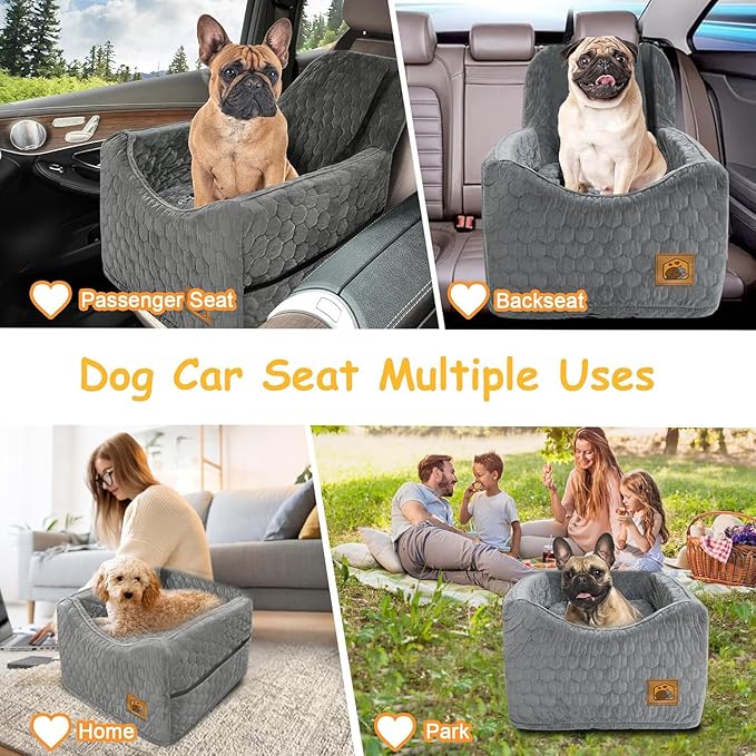 Dog Car Seat for Small/Medium Dogs, Memory Foam Dog Booster Seat, Travel Safety Per Car Seat with Washable Removable Cover, Storage Pockets for Dogs up to 35 lbs(Gray)-PawvioPets