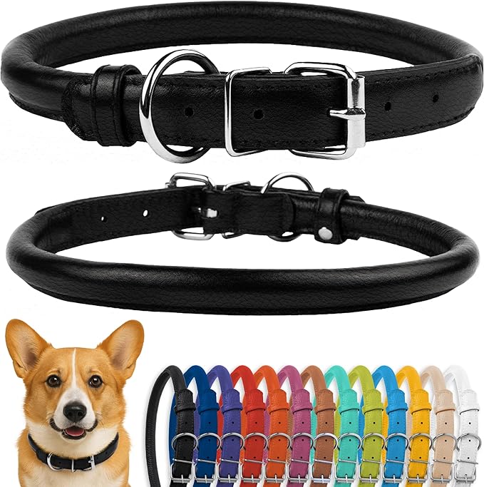 CollarDirect Rolled Leather Dog Collar, Soft Padded Round Puppy Collar, Handmade Genuine Leather Collar Dog Small Large Cat Collars 13 Colors (11-14 Inch, Black Textured)-PawvioPets