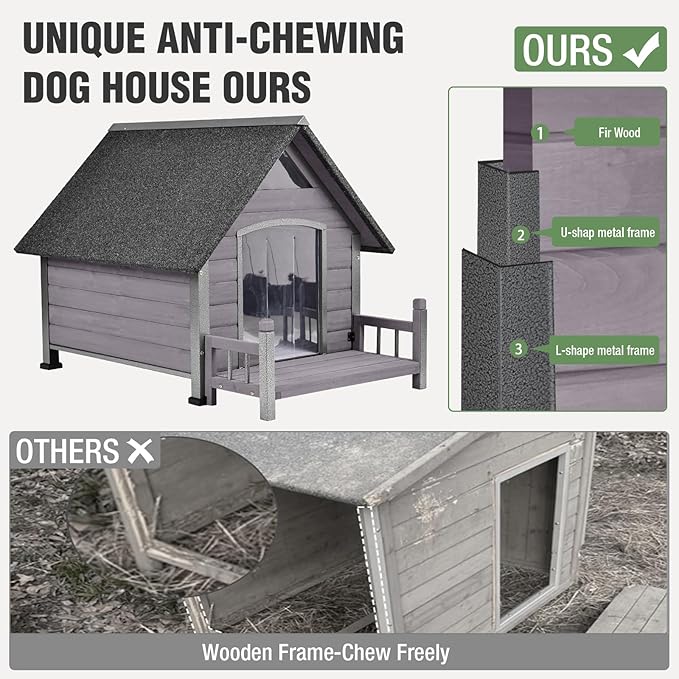 Dog House Outdoor with Anti-Chewing Iron Frame, Weatherproof Dog Kennel for Small Medium Large Dogs Indoor (Grey, 45" x 32.9" x 32.6")-PawvioPets