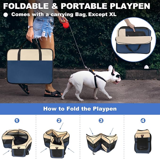 Aivituvin Dog Playpen, Foldable Pet Play Pens with Carrying Bag for Cat, Puppies, Rabbits, Portable Dog Tent Crates Cage for Travel Camping Indoor Outdoor, Removable Shade Cover, Blue L-PawvioPets