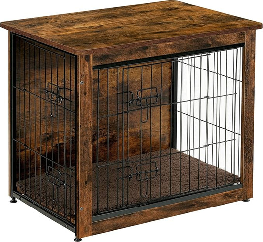 DWANTON Dog Crate Furniture with Cushion, Wooden Kennel Table with Double Doors, Indoor Dog House, Small/Medium/Large/Extra Large Size, 27.2" L, Rustic Brown-PawvioPets