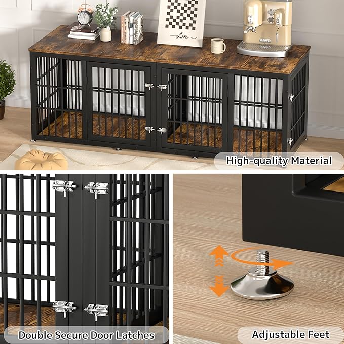 78 Inch Double Dog Crate Furniture, Heavy Duty Extra Large Cage Furniture with Divider for 2 Dogs, Decorative Wooden Kennel Furniture Indoor, Metal Pet House for Large and Medium Dogs-PawvioPets