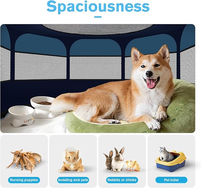 Dog Playpen, Pet Playpen, Portable Cat Playpen, Pop Up Foldable Puppy Playpen Exercise Kennel Tent with Carry Case Collapsible Bowl,Water-Resistant Shade Cover for Outdoor Indoor Travel (Large)-PawvioPets