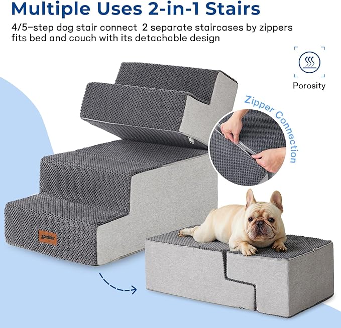Dog Stairs for Large Dogs - Extra Wide Pet Stairs 2 in 1 with Zippers Suitable for Couch and Bed, Foam Dog Steps with Non Slip Bottom Grey 4 Steps, Grey-PawvioPets