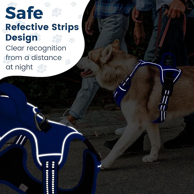 Funfox Dog Harness No Pull, Adjustable Pet Vest Harness, Super Soft Material with Vertical Handle Easy Control, Reflective Night Walking, 2 Leash Clips for XLarge Dogs, Blue, XL-PawvioPets