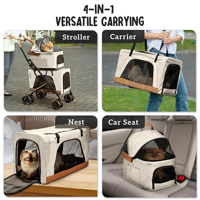 Double Pet Stroller with Detachable Carriers - Ideal for 2 Dogs or Cats - Compact & Convenient Design - Easy Assembly Double Dog Stroller - Cosmic Beige-PawvioPets