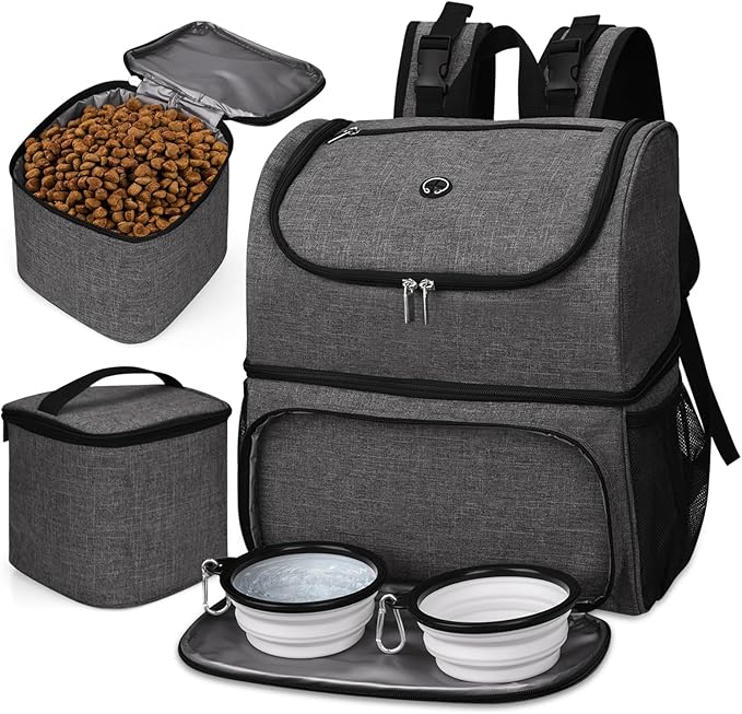 BAGLHER Pet Travel Bag, Double-Layer Pet Supplies Backpack (for All Pet Travel Supplies), Pet Travel Backpack with 2 Silicone Collapsible Bowls and 2 Food Baskets Grey-PawvioPets