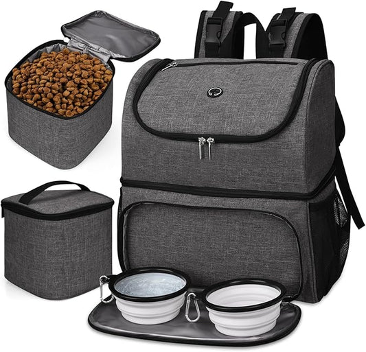 BAGLHER Pet Travel Bag, Double-Layer Pet Supplies Backpack (for All Pet Travel Supplies), Pet Travel Backpack with 2 Silicone Collapsible Bowls and 2 Food Baskets Grey-PawvioPets