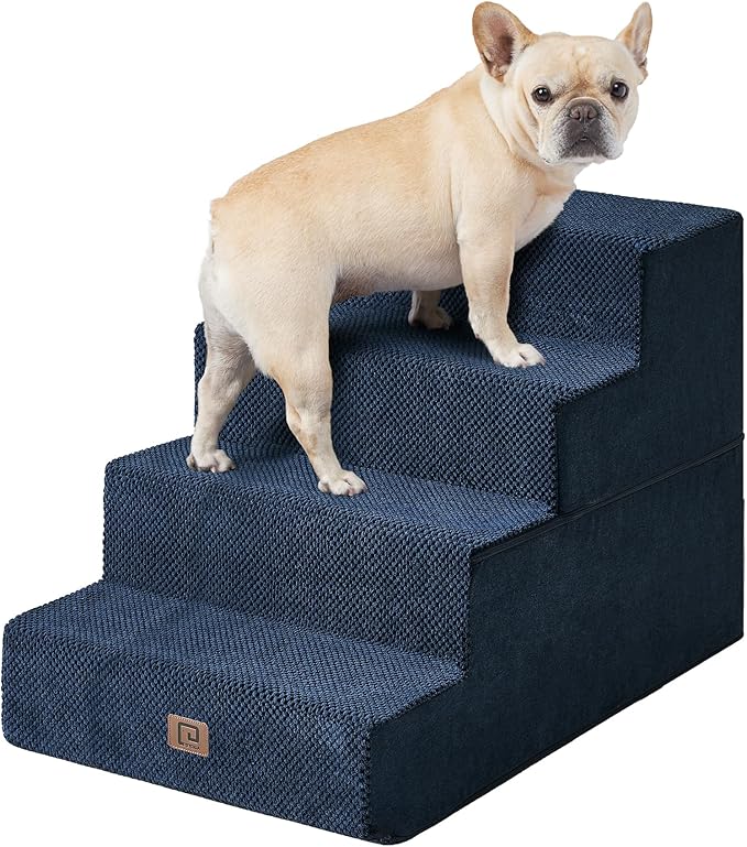 EHEYCIGA Dog Stairs for Bed 20" H, 4-Step Extra Wide Dog Steps for High Bed, Pet Steps for Small Dogs and Cats, Non-Slip Balanced Pet Ramp Indoor, Navy Blue-PawvioPets