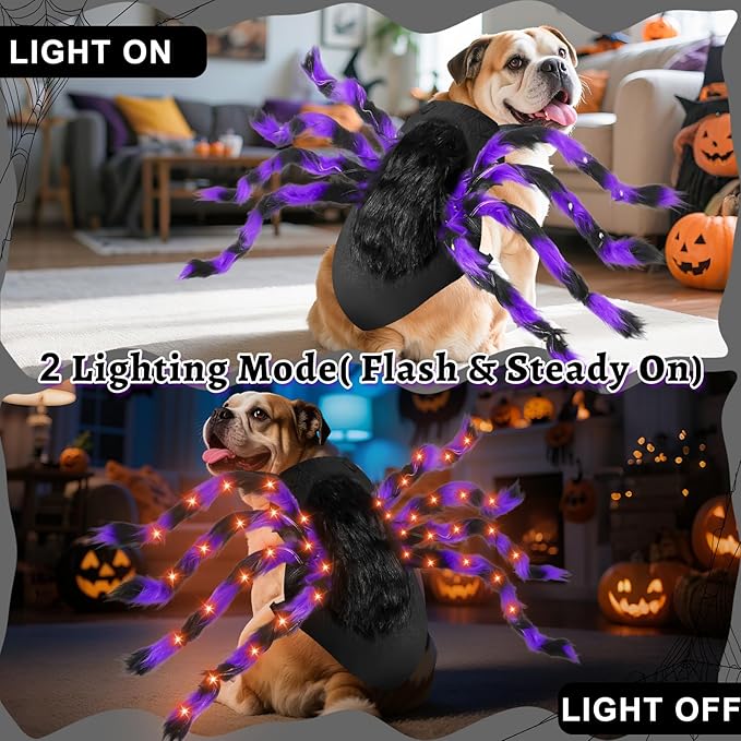 Camlinbo 24 LED Spider Dog Halloween Costume for Small Medium Large Dogs, Furry Spider with LED Lights Puppy Pet Costume Outfits Clothes Funny Halloween Costume Party Cosplay-PawvioPets