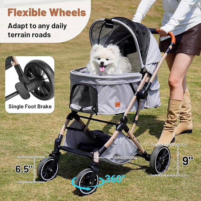 EchoSmile Small Medium Dogs Stroller 4-Wheel Pet Strollers for Medium Dogs Up to 50lbs, One Click Folding Large Cat Stroller, Reversible Handle, Shock Absorbing Wheels, Removable Washable Pad-PawvioPets