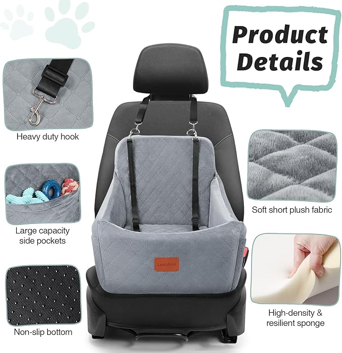 Dog Car Seat for Medium Dogs Up to 35lbs,Fully Detachable and Washable,Easy to Install with Adjustable Straps,Anti-Slip Bottom Travel Car Bed for Pets,Two Side Pockets(Grey,Medium)-PawvioPets