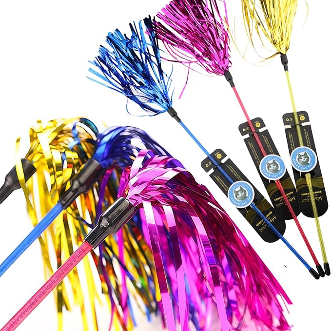 ADUCK Interactive Cat Teaser Wand Toy with Tassels - Durable Cat Chaser for Indoor Kitten Exercise, Boredom Relief & Training Play, Pack of 3 (Gold, Blue, Pink)-PawvioPets