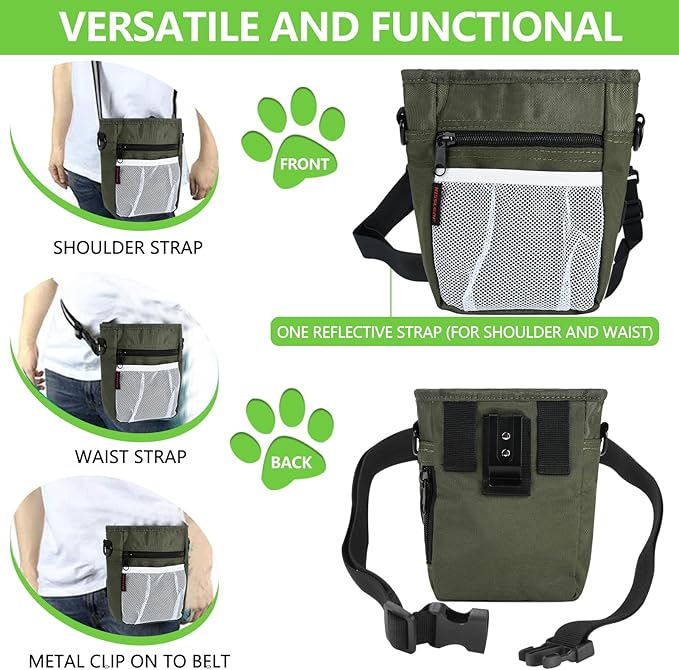 Dog Treat Pouches for Pet Training with Magnetic Closure Treat Pouches for Pet Training,Large Dog Treat Training Pouch and Dog Clicker,Training Treat Pouch Built-in Poop Bag Dispenser-Green-PawvioPets