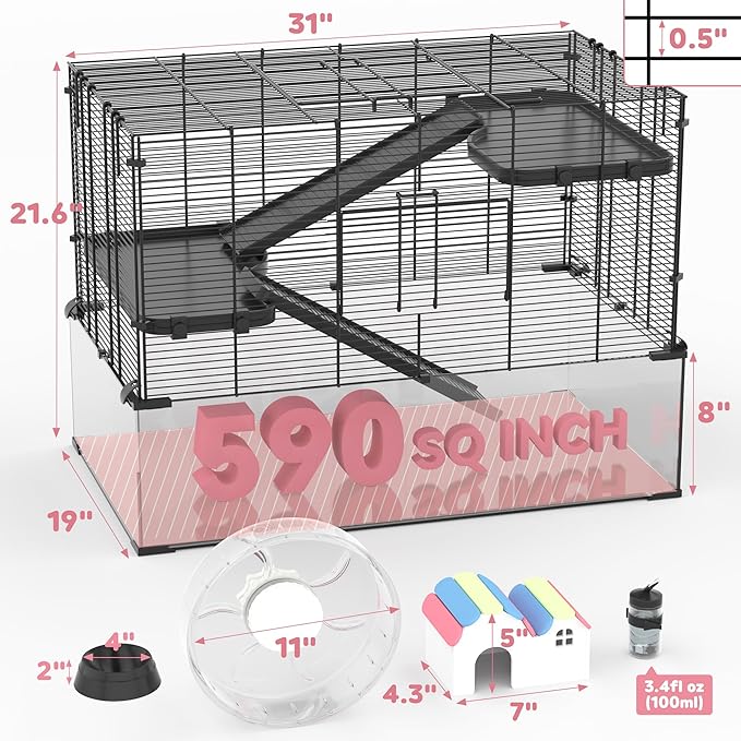 3-Tier Glass Hamster Tank, Large Hamster Cage Habitat with 11inch Big Running Wheel for Rat, Mouse, Gerbil, Syrian Hamster, 590 SQ INCHES-PawvioPets