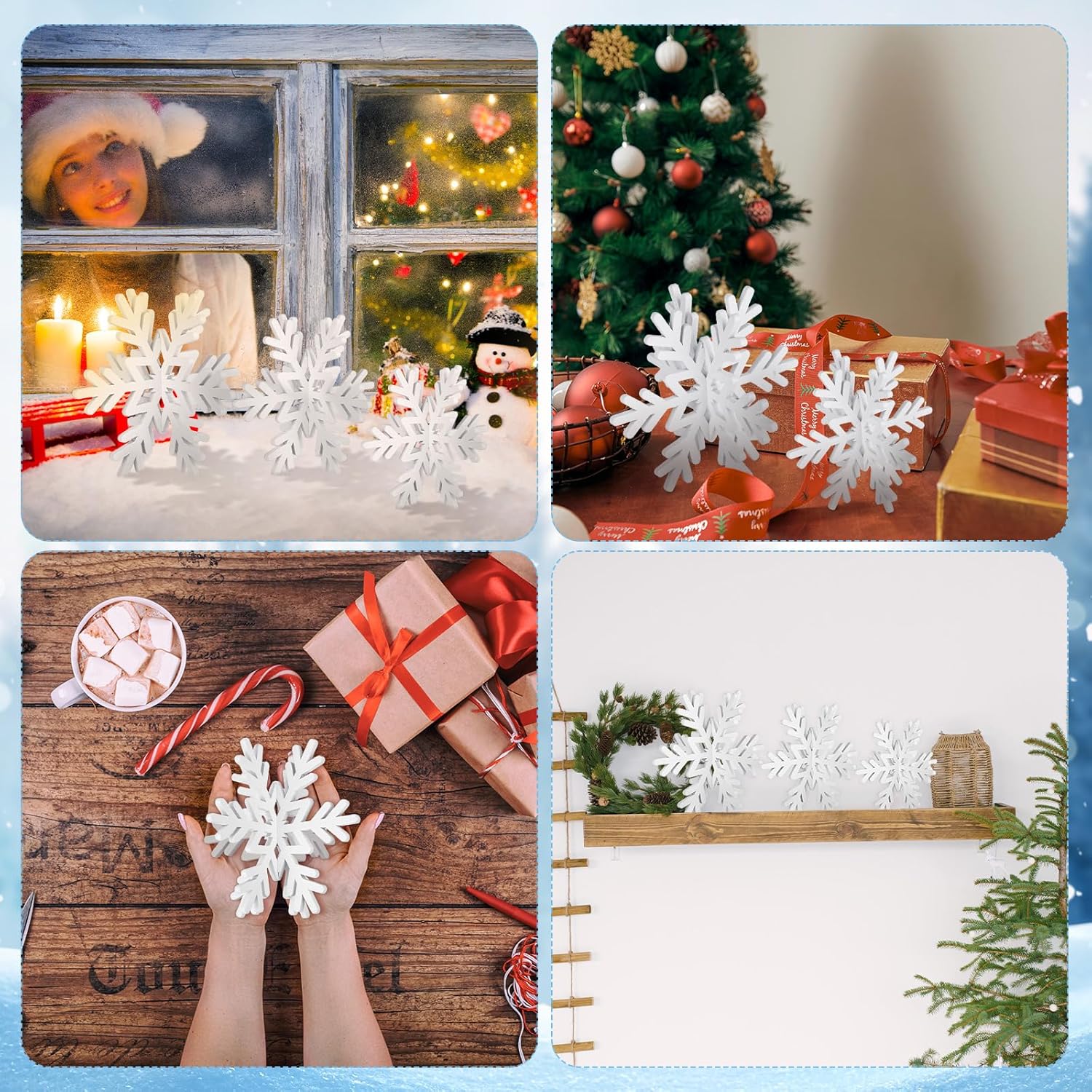 Qunclay 20 Pcs Wooden Snowflake Decorations 3D Snowflake Tabletop Decor Christmas Signs and Centerpiece for Winter Wonderland Decorations Xmas Tiered Tray Decor(White)