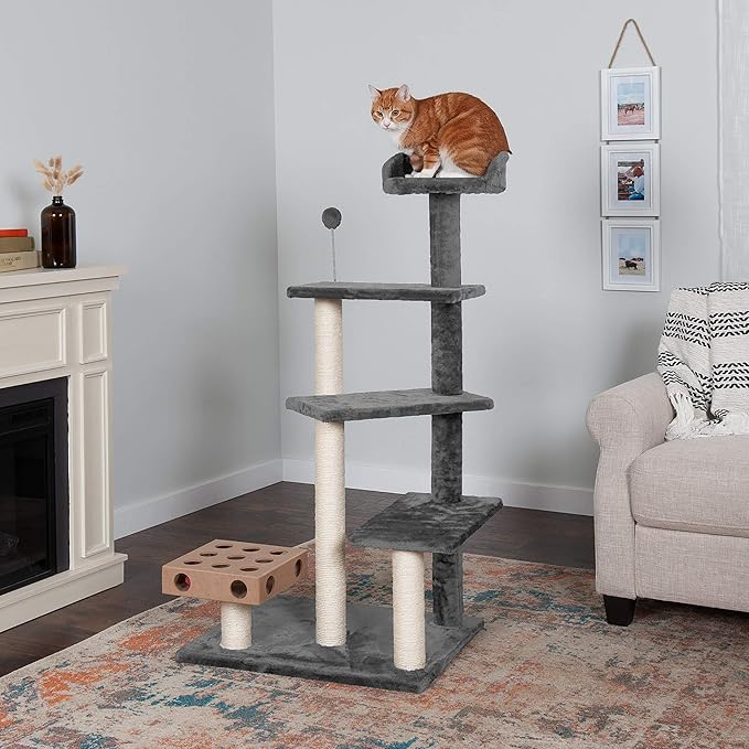 Furhaven 49.5" Tall Cat Tree for Indoor Cats, Ft. Sisal Scratching Posts, Plush Ball Toy, & Busy Box Toy - Tiger Tough Play Stairs Interactive Playground Tower - Gray, One Size-PawvioPets
