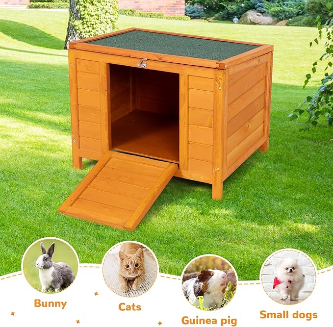 COZIWOW 24inches Wooden Catio Outdoor Cat House Small Animal House，Rabbit Hutch Indoor，Stable Weatherproof Bunny Cage Pet Shelter for Small Cat Dog Rabbit Guinea Pig(Orange)-PawvioPets