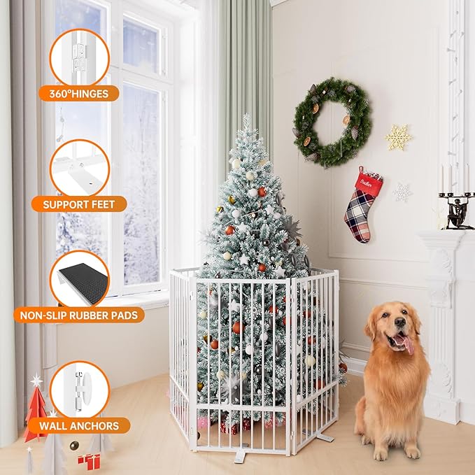 Full Metal Freestanding Dog Gate with Door, 36''Height Foldable Pet Dog Fence for Indoor & Outdoor, 6 Panels Extra Wide Free Standing TallDog Gates for Doorways,House,Stairs,Porch,Deck,Yard-PawvioPets