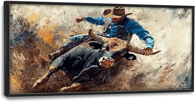 Framed Large Western Cowboy Wall Art, Oversized Rustic Cow Wall Decor for Living Room, Dusty Canvas Painting Pictures Vintage Artwork Home Decoration for Living Room Bedroom Office 60"x30"-PawvioPets