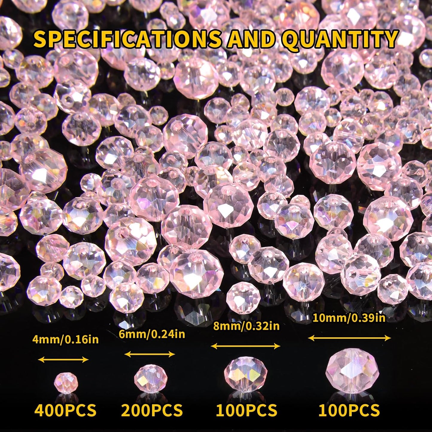 800Pcs 4/6/8/10mm Crystal Glass Beads for Jewelry Making Beads for Bracelets Necklace Pendants Making Supplies(Pink)